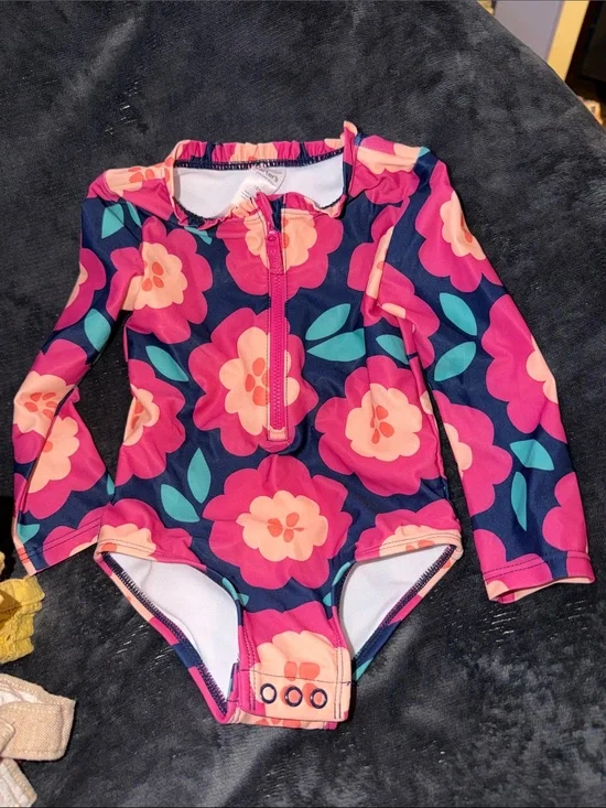 Carter's Pink & Navy Floral Long-Sleeve One-Piece Swimsuit
