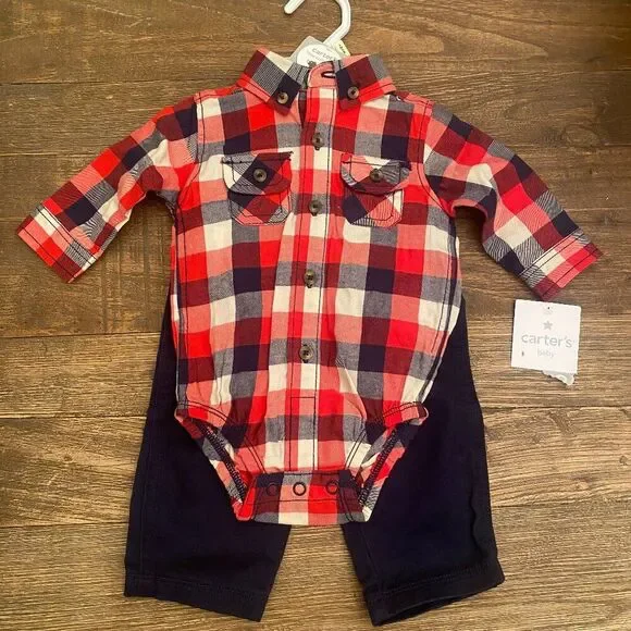 Carter's Plaid Shirt One Piece Pants Set Two Piece 3 Months NWT Button Up Casual