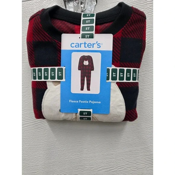 Carters Toddler Boys Red Black Buffalo Plaid Fleece Footie Pajama Polar Bear 5T