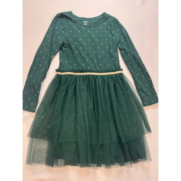 Carter's‎ Tutu Dress Kids Size 8 Green Gold Polka Dot Tulle Tiered Holiday