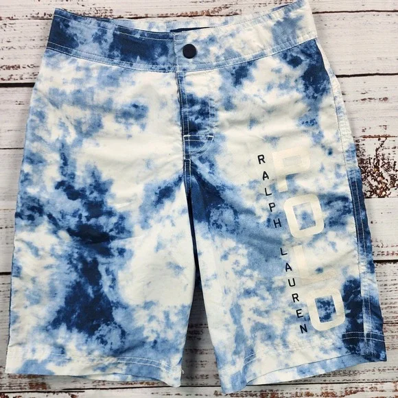 Polo Ralph Lauren Boys Blue Tie Dye Board Shorts Big Spellout Logo Size S 8