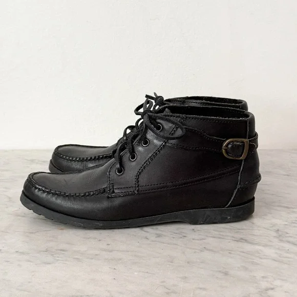 Vintage Black Leather Moc Toe Ankle Boots Buckle Detail 7.5W Chukka Shoes