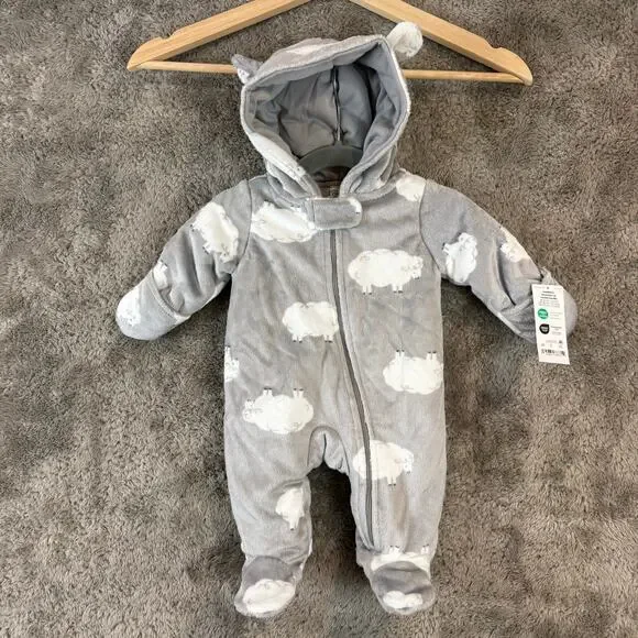 NWT Carters Plush Baby Bunting Snowsuit Warm Gray Cloud Print Boy Girl Newborn