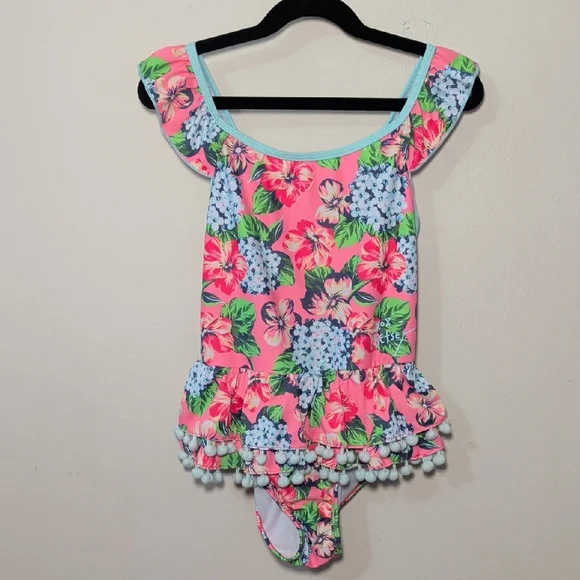 Betsey Johnson One-Piece Swimsuit Pink Blue Floral Ruffle Pom-Pom Trim Size M 10