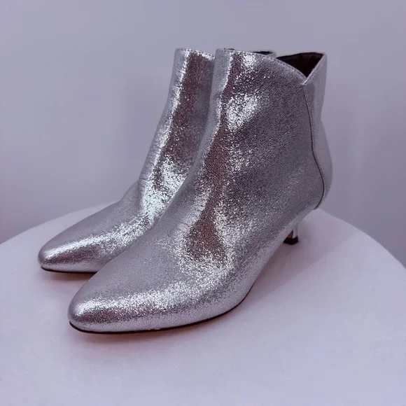 Silver Metallic Ankle Booties Kitten Heel Pointed Toe Size 6