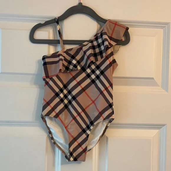Burberry Girls Fern One-Shoulder Ruffle Swimsuit - Beige Plaid. Size 3T.
