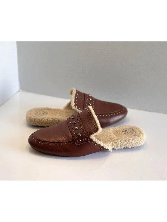 Vince Camuto Alvintal Faux Fur Studded Mules Women's Sz 8M Brown Leather Comfort
