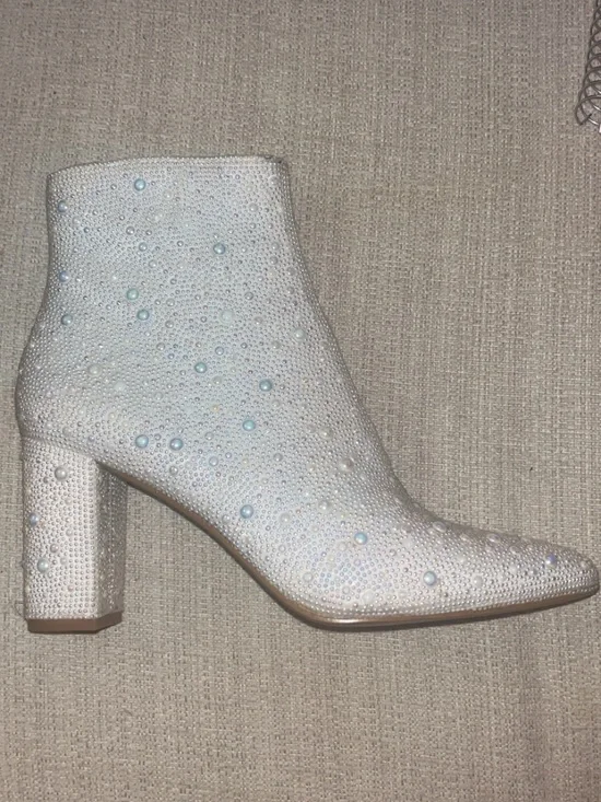 Betsey Johnson Ivory Pearl & Crystal Embellished Block Heel Ankle Booties