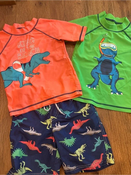 Carter's Orange & Green Dino Rashguard Swim Set with Navy Dino Shorts