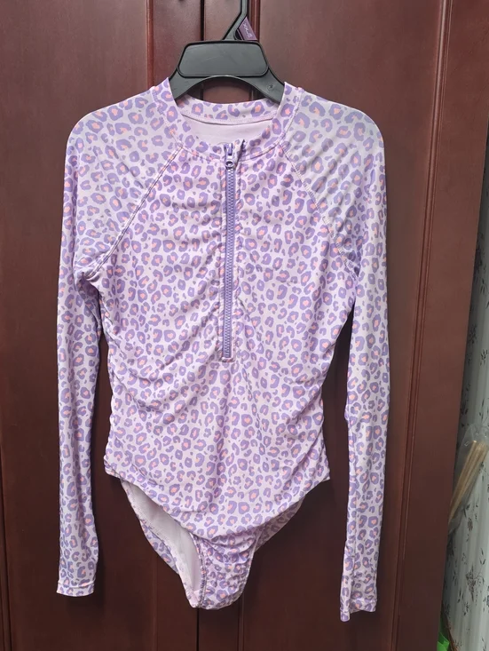 EUC. wonder nation Lavender Leopard Long-Sleeve Piece Bathing Suit. Size 10/12