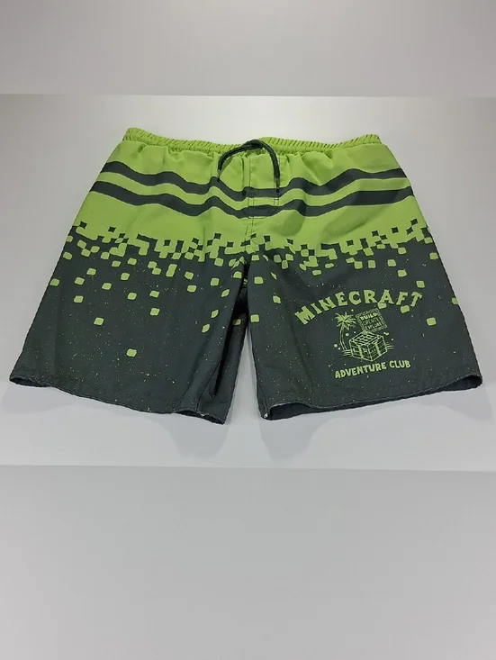 Boys Minecraft Swim Trunks Size 10/12 Green Pixel Graphic Back Pocket