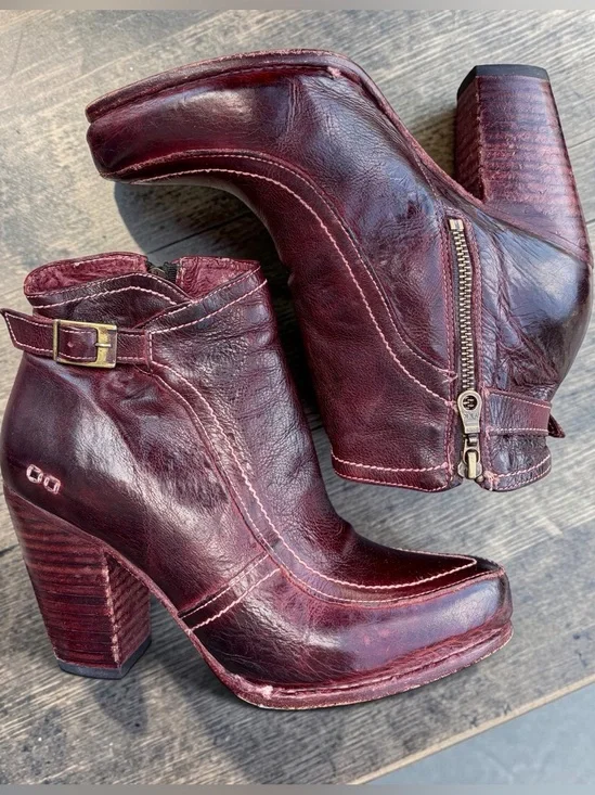 BED STU Isla Burgundy Leather Ankle Boots Women Sz 9.5 Heeled Buckle Cobbler