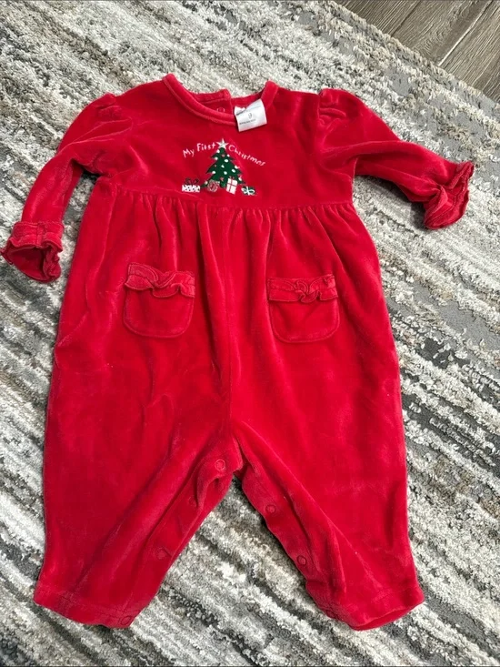 Carter's Red Velvet 'My First Christmas' Romper with Tree Embroidery