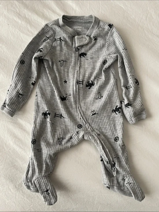Carter's Light Gray Ribbed Zip Footed Baby One-Piece with Black Western Prints