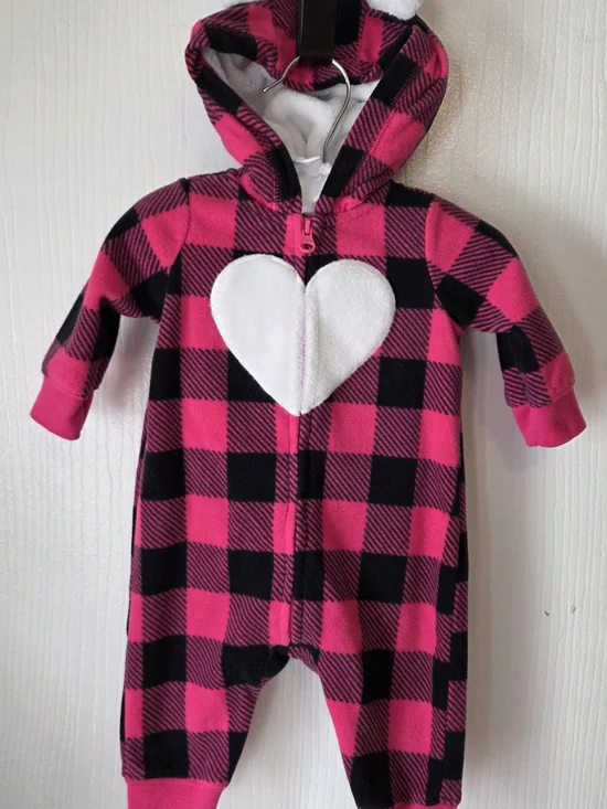 Carter's Pink and Black Buffalo Plaid Hooded One-Piece with Heart