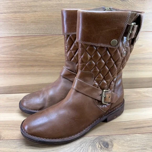 UGG Conor Mid Quilted Leather Boots 10 Buckle Biker Zip Boho Casual Mid Calf