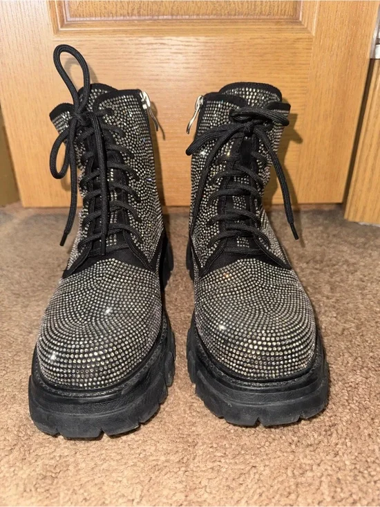 Windsor Black Crystal Embellished Lace-Up Ankle Boots