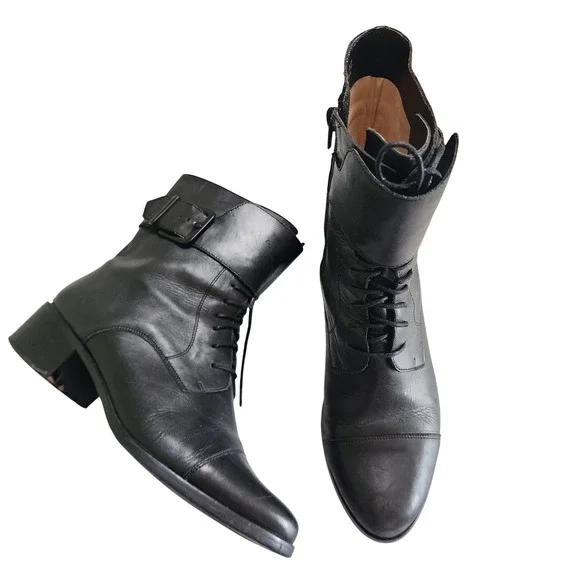 Gray by Saks Fifth Avenue Womens Black Leather Lace Up Buckle Boots Size 8.5