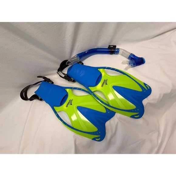 SpeedoDive Junior Kids Snorkel Set Blue Lime Green Fins L/XL US 1-4 Snorkel Tube