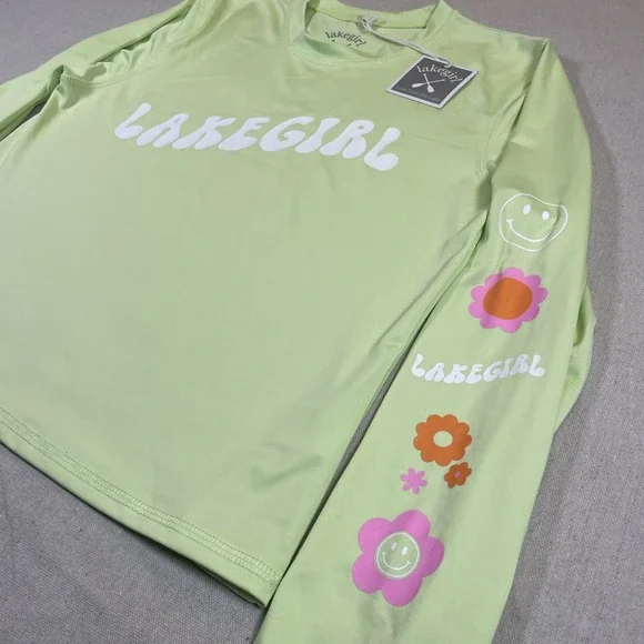 Lakegirl Rash Guard Kids Medium Lime Green Floral Smiley Sleeve‎ Swim Top Surf
