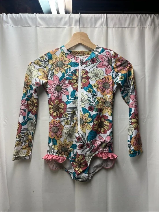 Oopsie Daisy Pink Teal‎ Floral Rashguard One Piece Swimsuit- 8