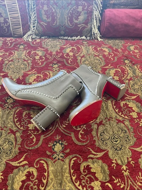 Christian Louboutin-Never Worn-Taupe Studded Block-Heel Ankle Boots Red Soles