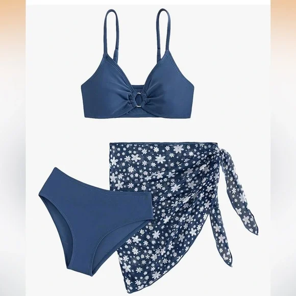COZYEASE Girls' 3 Piece Bikini Ditsy Floral Print Wireless Swimsuit Beach Skirt