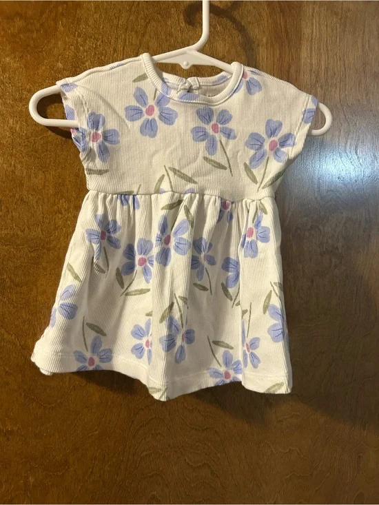 Baby Floral Ribbed Dress - White with Blue Flowers