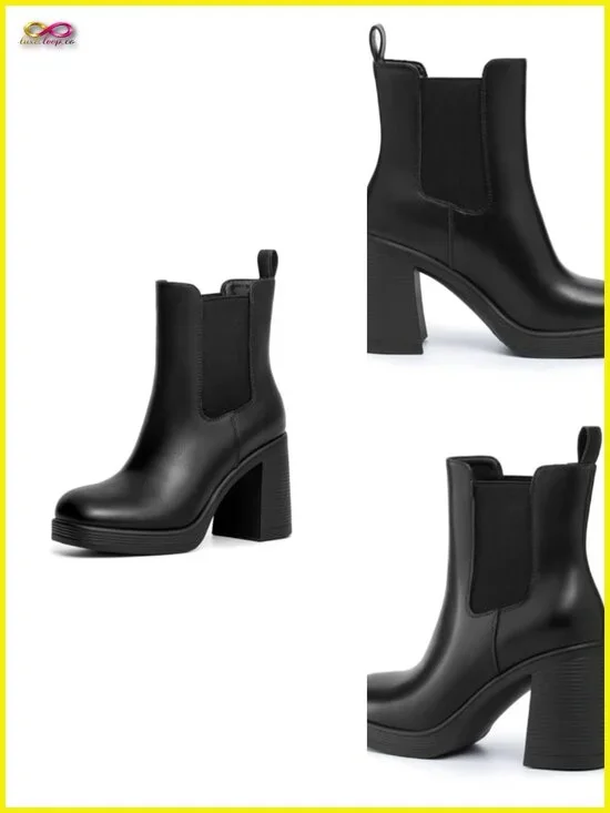 Women's Chelsea Platform Boots Chunky Heel Square Toe Slip On Elastic Ankle