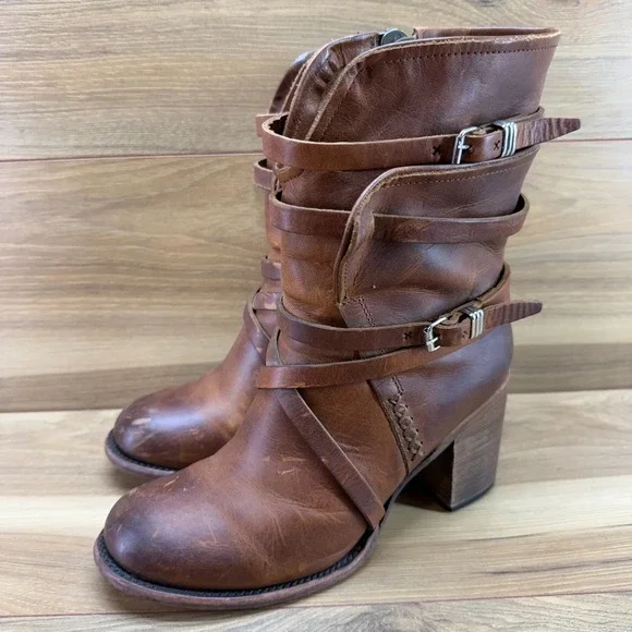 FREEBIRD Baker Mid Boot 9 Cognac Brown Leather Stacked Heel Festival Boho Zip