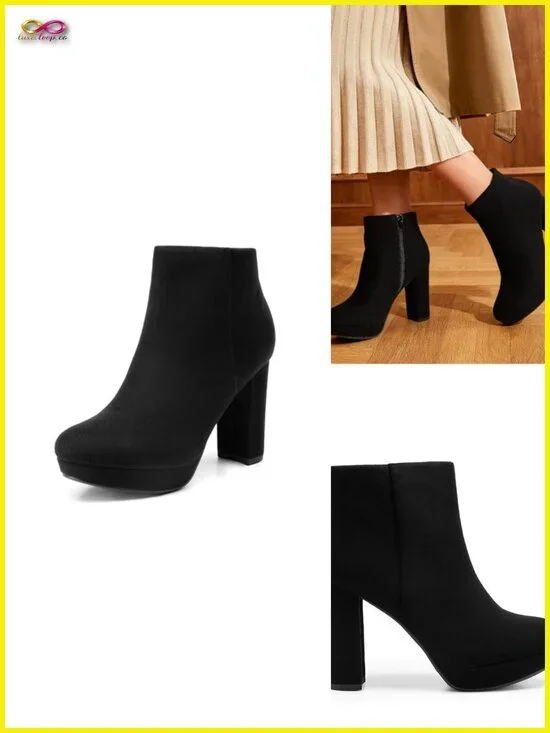 Faux Suede Chunky Heel Ankle Booties - Side Zip