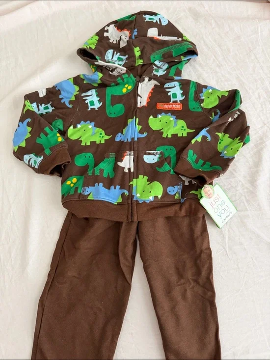 Brown Dino Hoodie & Pants Set with Green + Blue Dinosaurs 2 pcs
