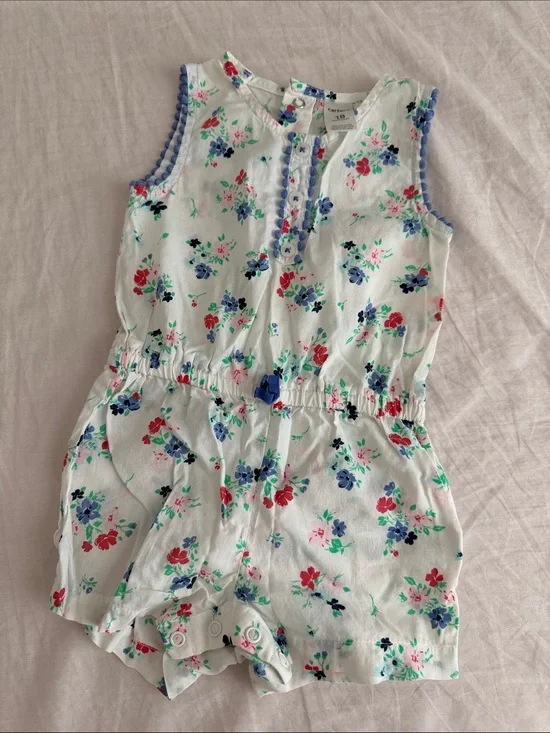 Carter's White Floral Sleeveless Romper with Blue Trim
