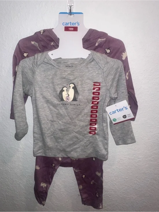 Carter's Baby Penguin 3 Piece Set - Gray & Plum