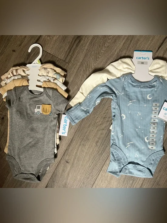 Carter's Long-Sleeve Bodysuit Set - Blue, Gray & Cream AND 5 piece onesie bundle