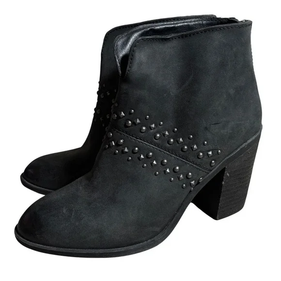 Lucky Brand 7M Black Studded Leather Ankle Boot Block Heel Booties Festival Moto