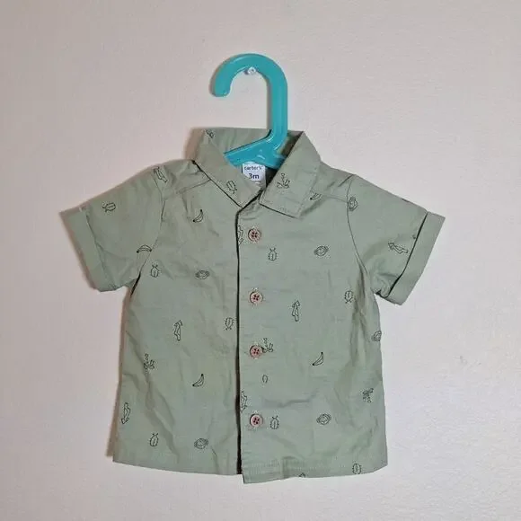 Jungle Animals Green Button Shirt Carters Baby Boy 3 months