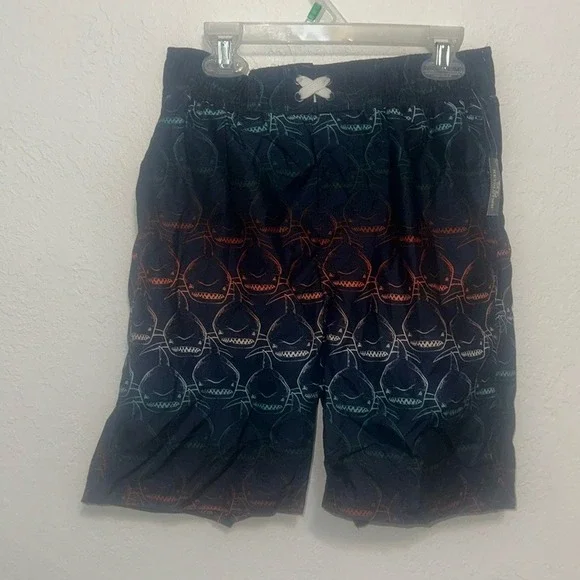 Revolution Boys Shark Print Swim Trunks Navy Blue Orange Teal Size L 12/14 NWT