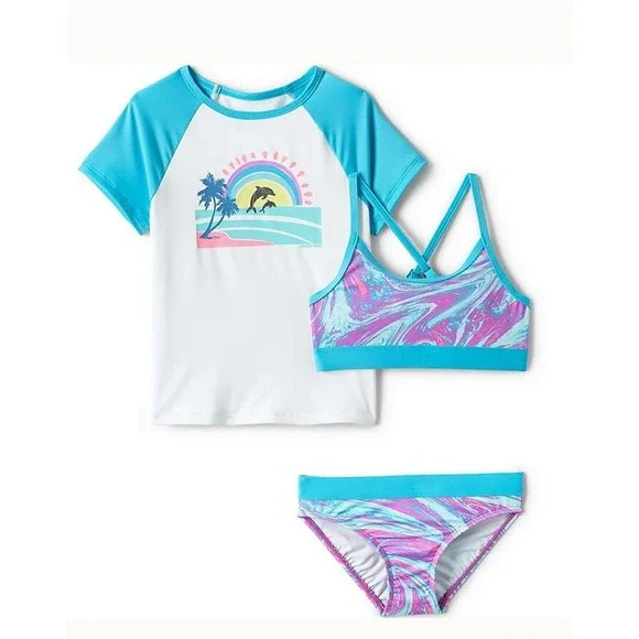NEW Lands'‎ End Dolphin 3 Piece Bikini Rash-guard Swim Set; Girls Size 4