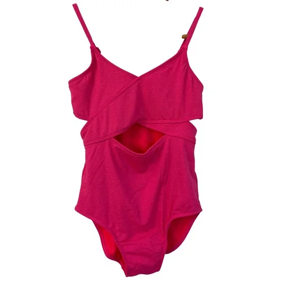 Art Class Girls Hot Pink Metallic Ribbed‎ Cutout One Piece Swimsuit XL 14 barbie
