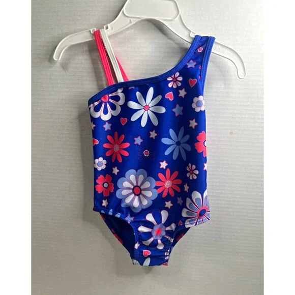 Girls One-Piece Swimsuit Blue Pink Floral Print Size 24M