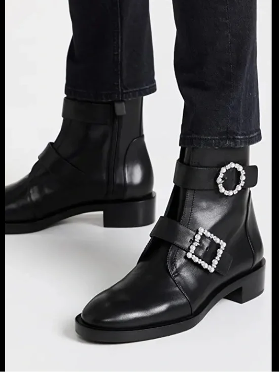 Stuart Weitzman Ryder boots 9 black Geo Buckle Pearl Crystal