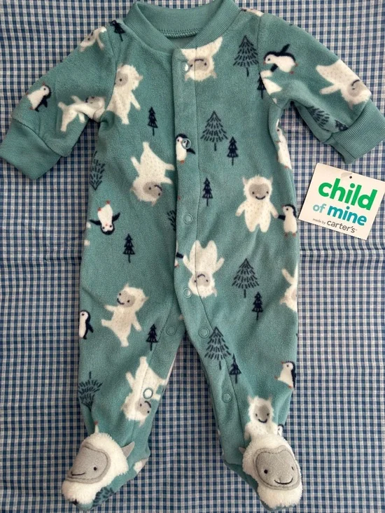 Carter's Teal Fleece Polar Bear & Penguin Footed One-Piece PREEMIE