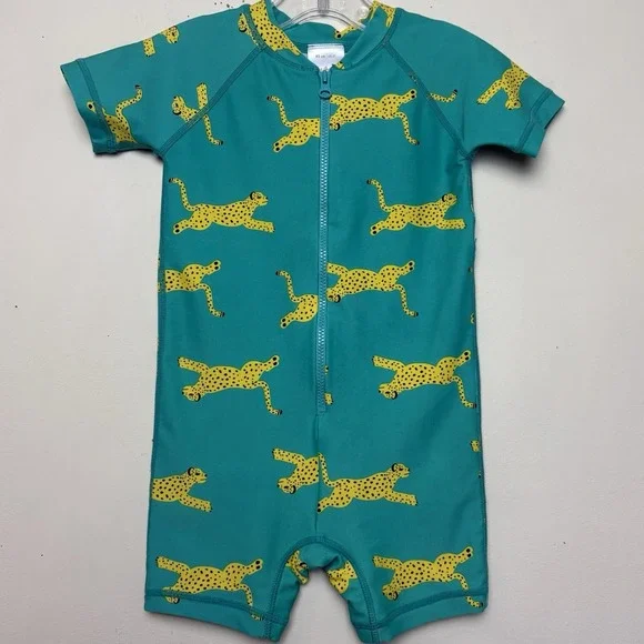 Hanna Andersson Rash Guard Swim Bathing Suit Zip Up Teal Cheetah Print
