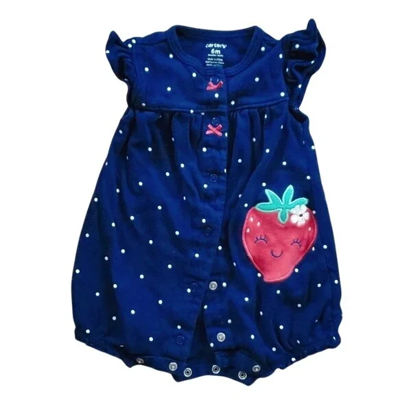 Carters Girls Summer Strawberry‎ Navy Polka Dot Romper One Piece Size 6M