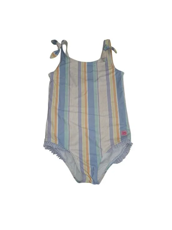 RuffleButts Girl 10 pastel rainbow stripe one-piece swimsuit features charming t