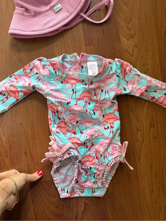 Ruffle Butts Pink & Aqua Flamingo One-Piece Swim with hat