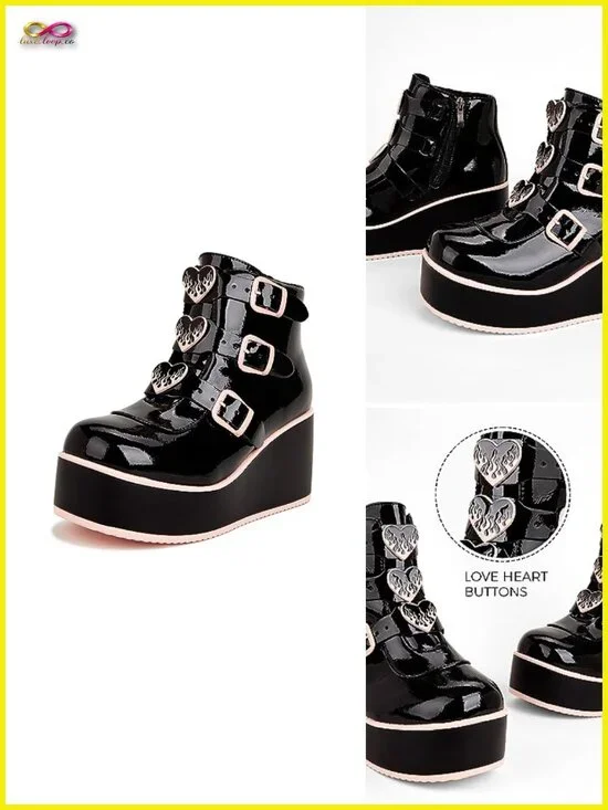 Platform Chunky Ankle Boots Round Toe Zipper Wedge Heels Buckle Thick Sole Goth