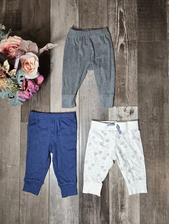 Set of 3 Baby Pants – Gray, Blue & White – Size 3–6M