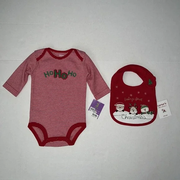 NWT Carters Baby wiggle in Bodysuit &‎ My First Christmas Bib Gift Set 3 Months